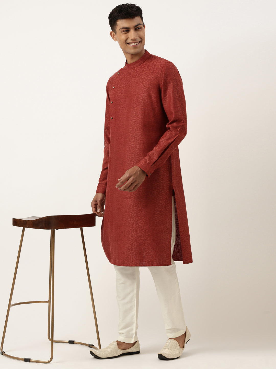 Rust Cotton Jacquard Angrakha kurta Set