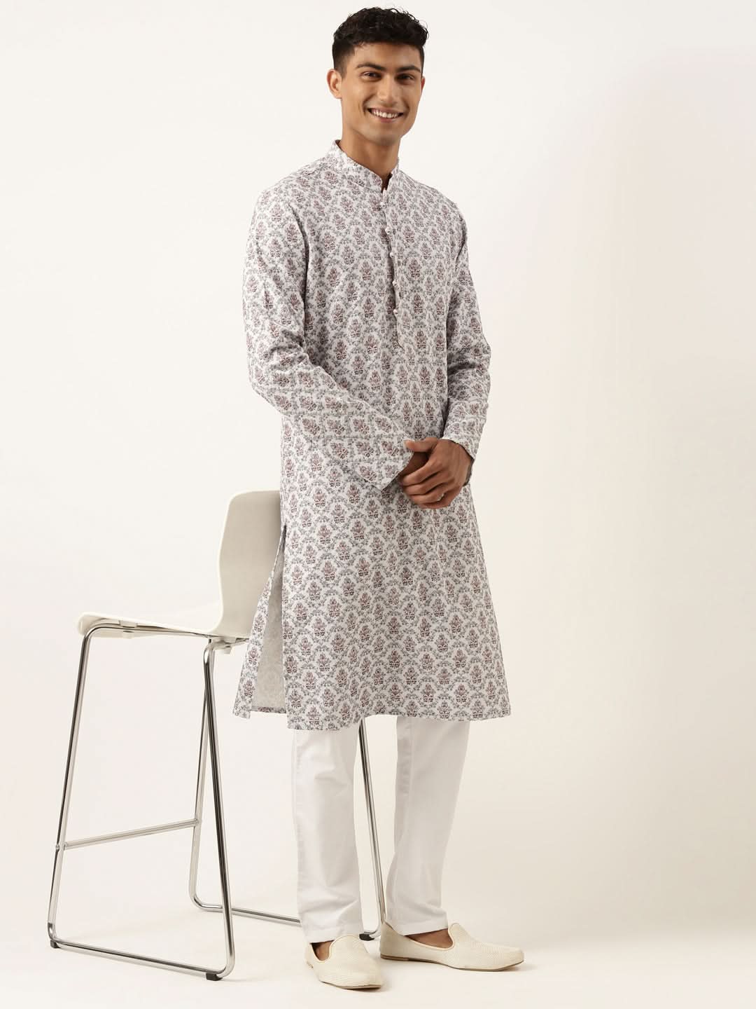 White Chikankari Printed Kurta Set