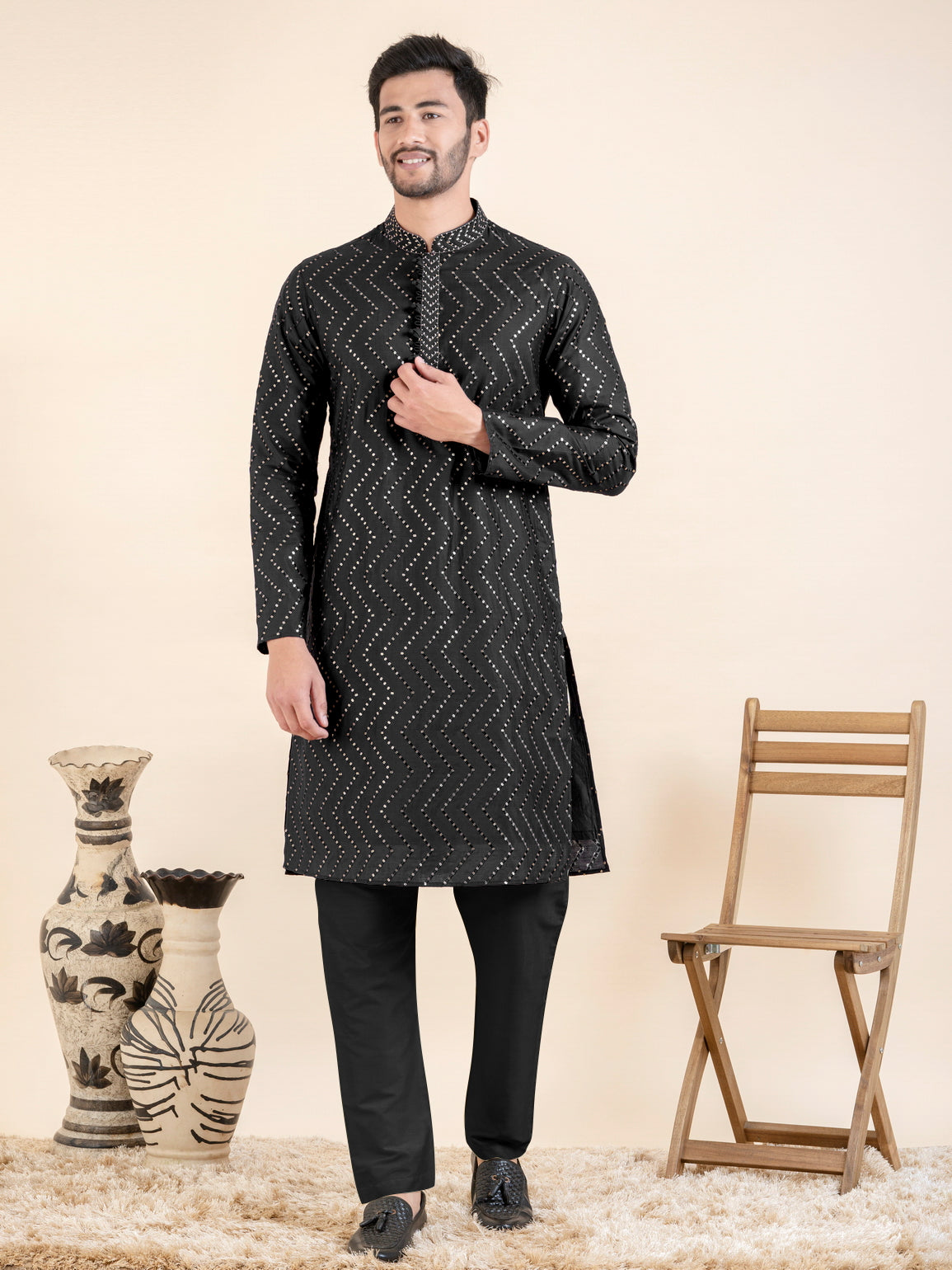 Black Zigzag Embroidered Kurta Set