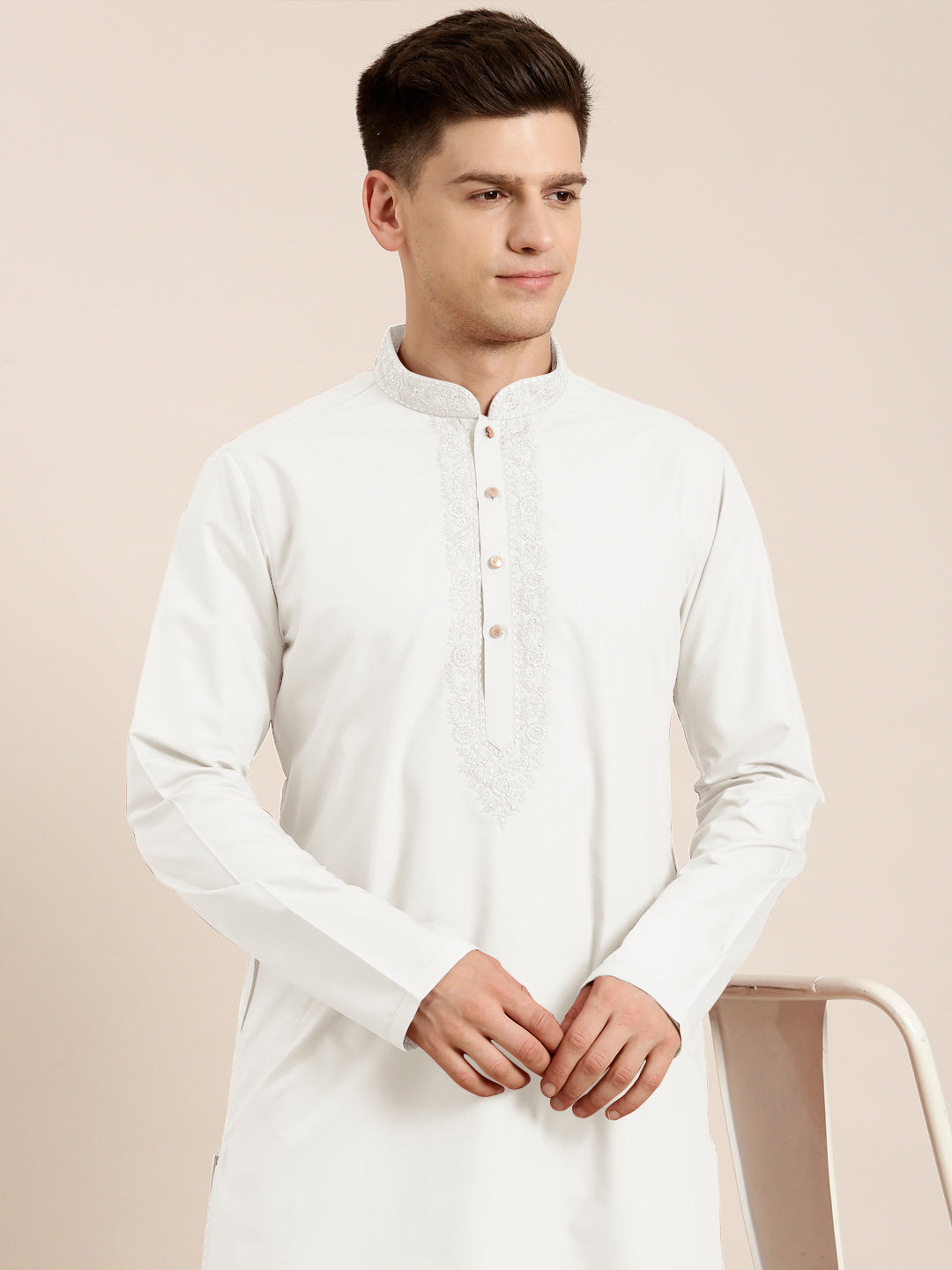 Off White Cotton Dori Embroidered Kurta Set