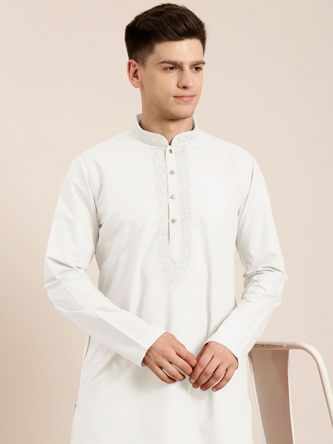 Off White Cotton Dori Embroidered Kurta Set