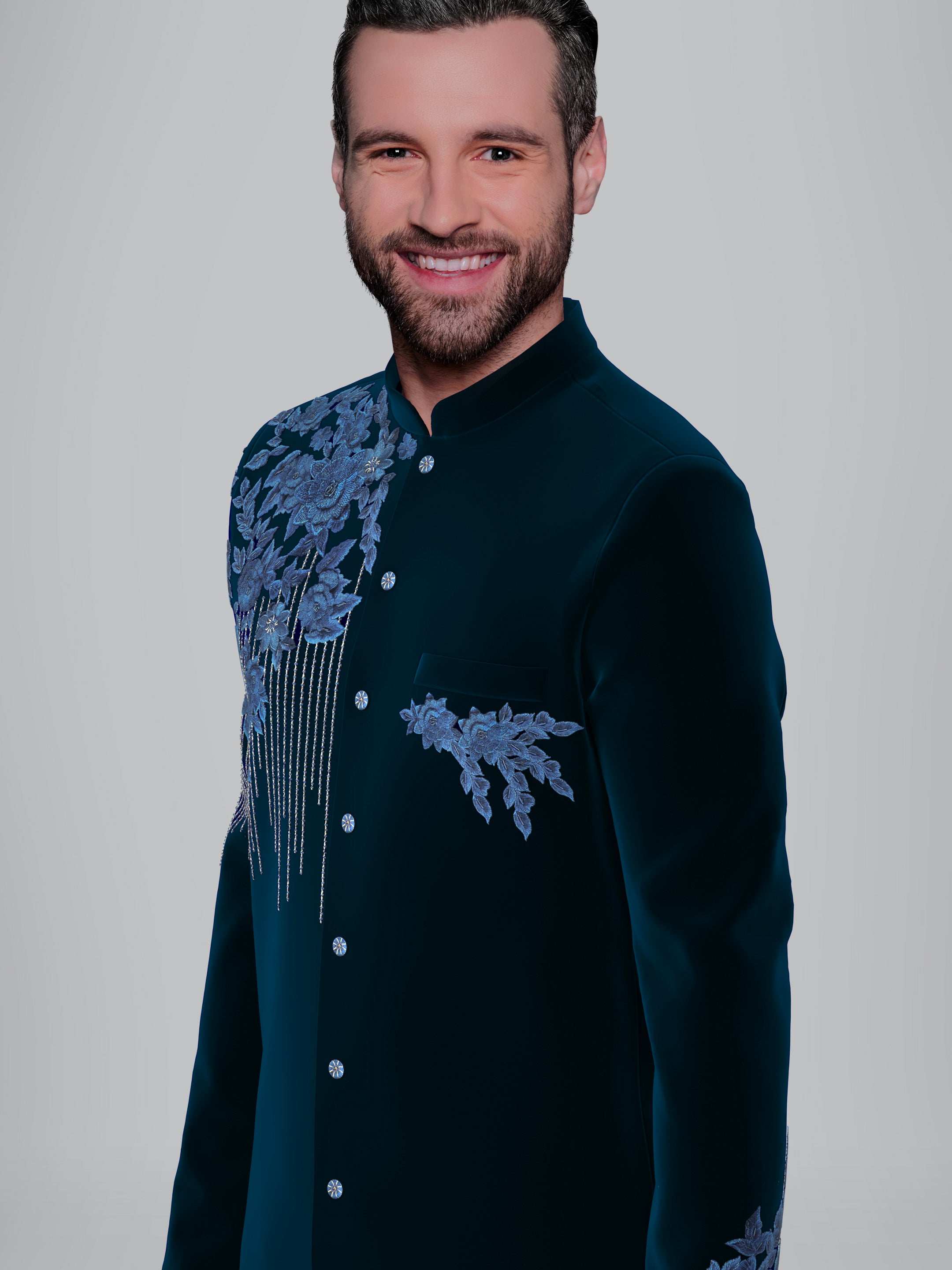 Navy velvet 3D embroidery Asymmetric Indowestern