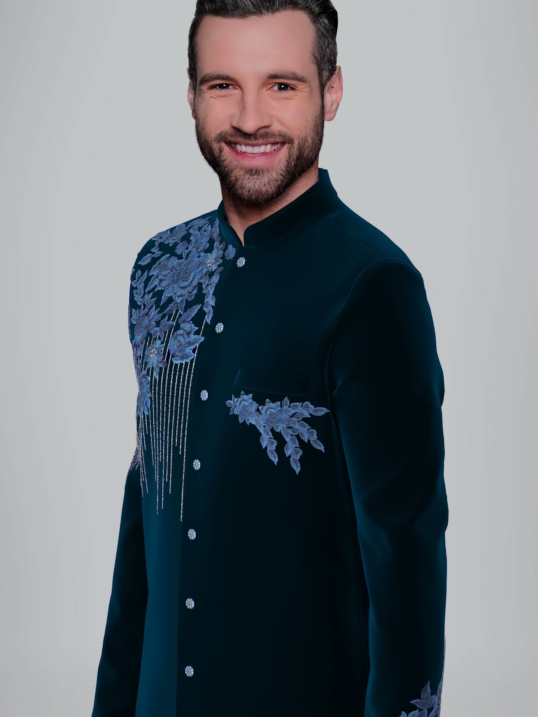 Navy velvet 3D embroidery Asymmetric Indowestern