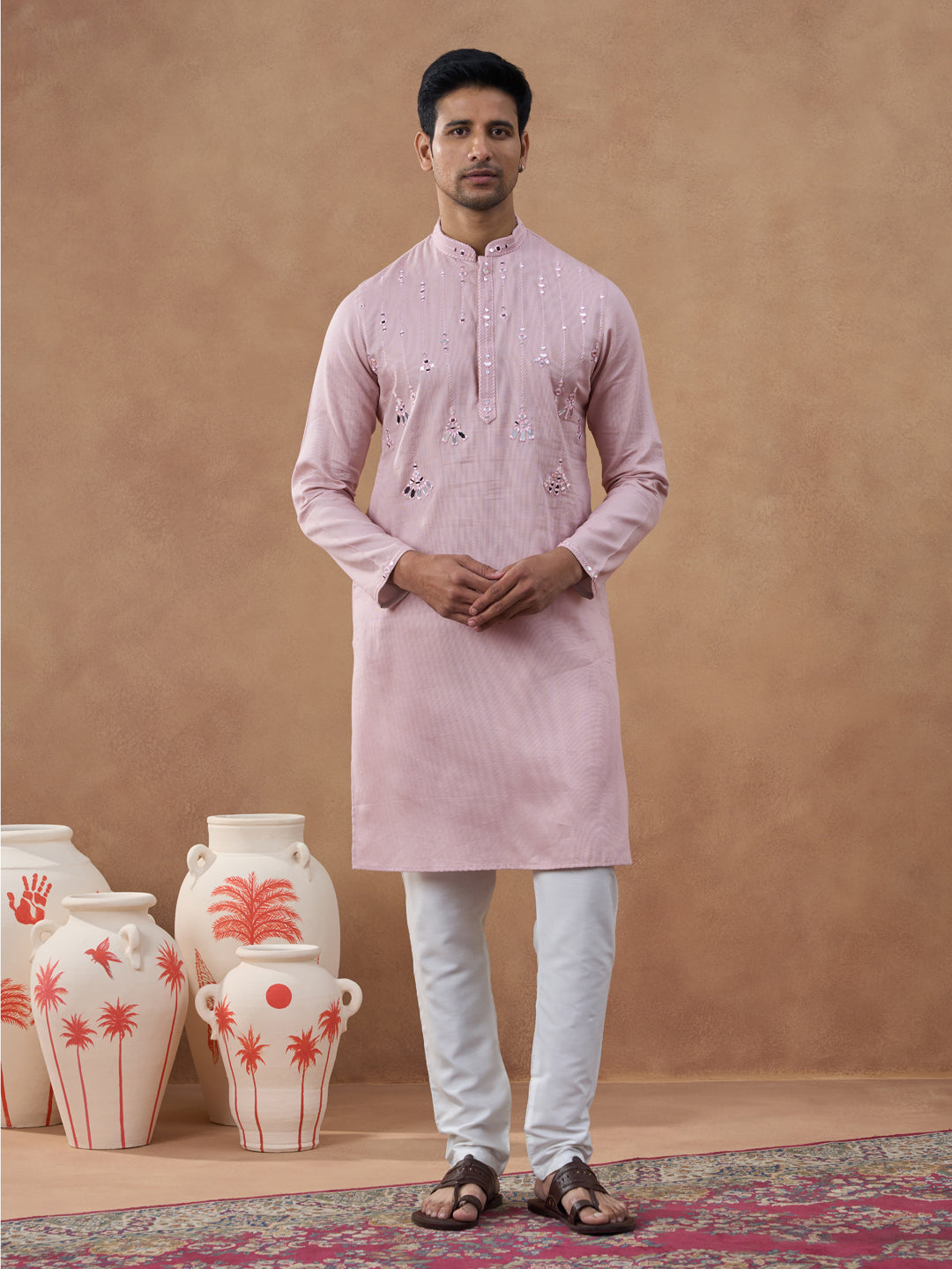 Peach Mirror Embroidered Kurta Set