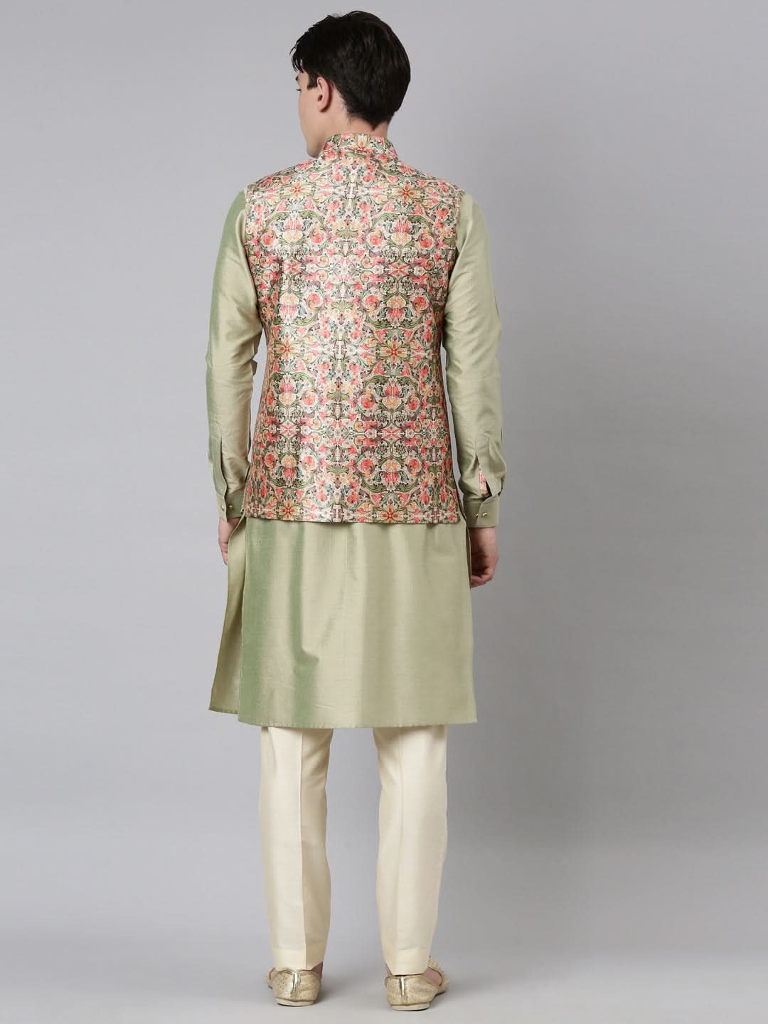 Beige Floral Print Jacket With Open Kurta