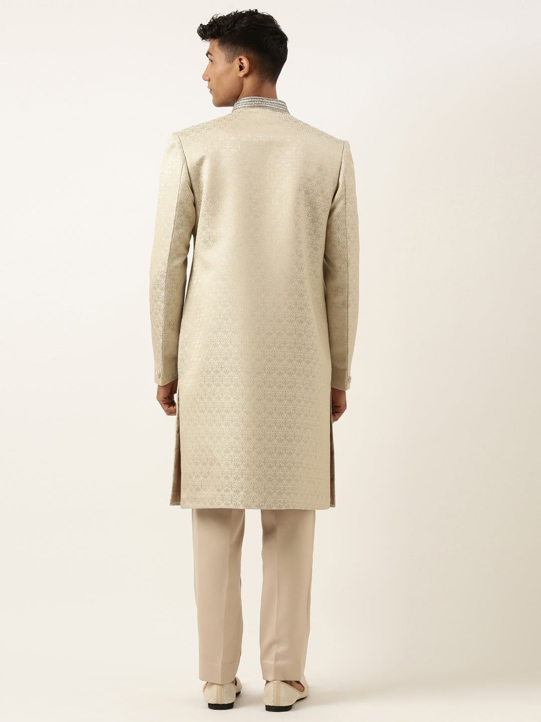 Beige Gold Jacquard Achkan Set