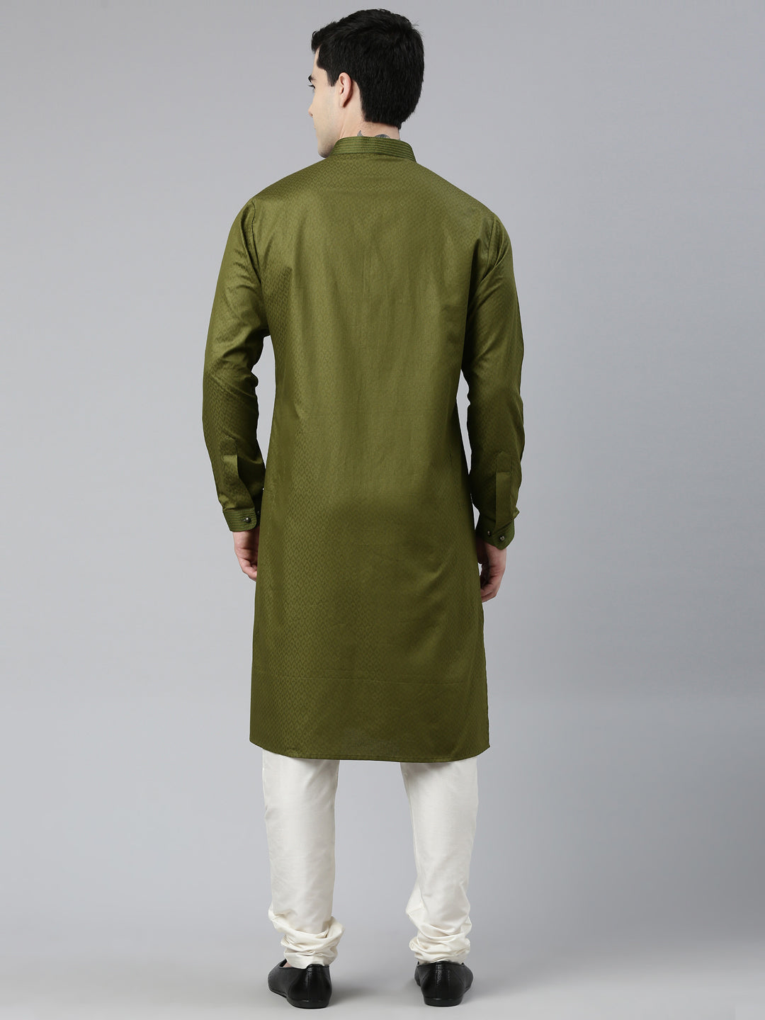 Green Cotton Pathani Kurta Set with Patch Pocket