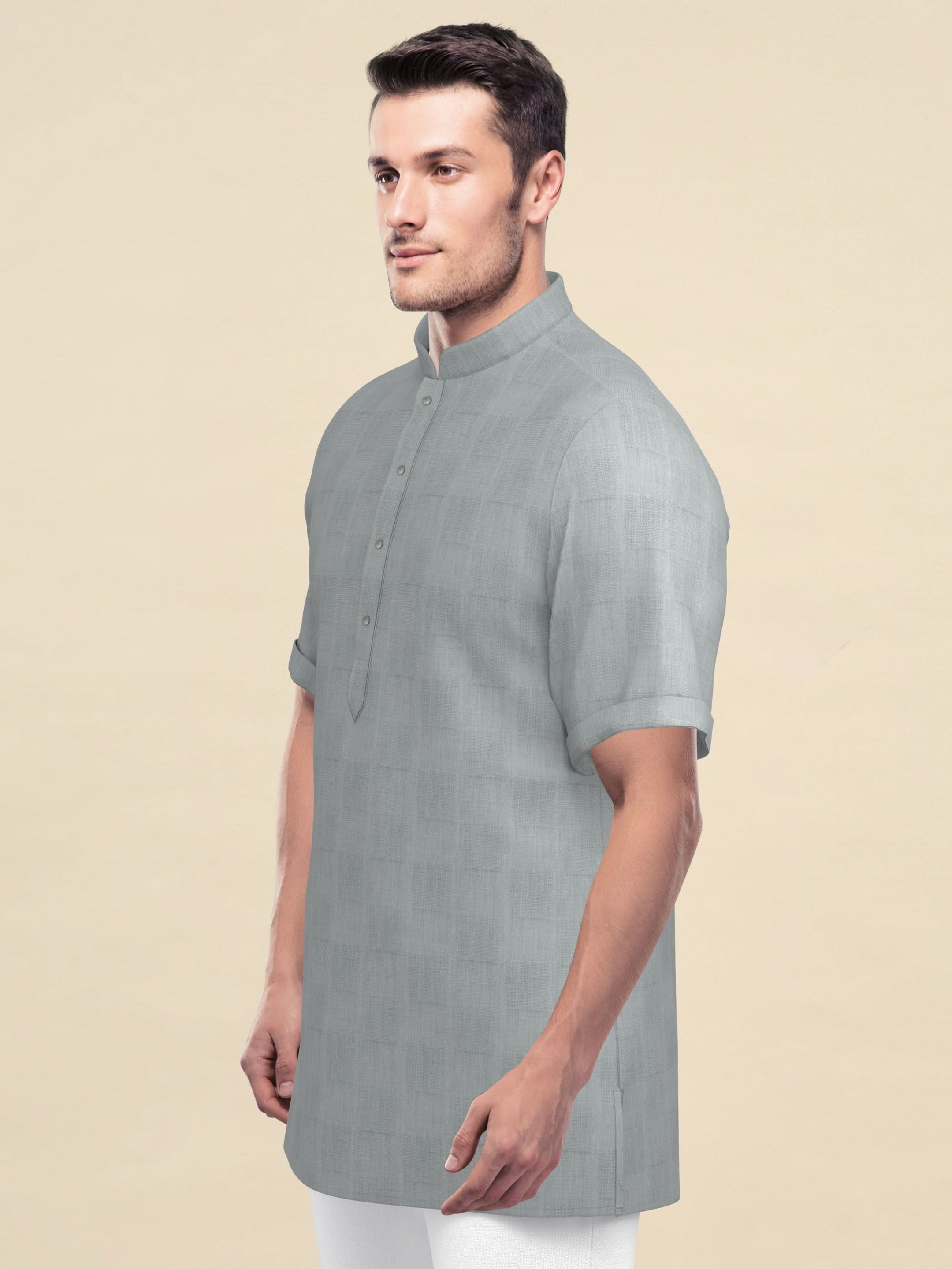 Grey Cotton Jacquard Short Kurta