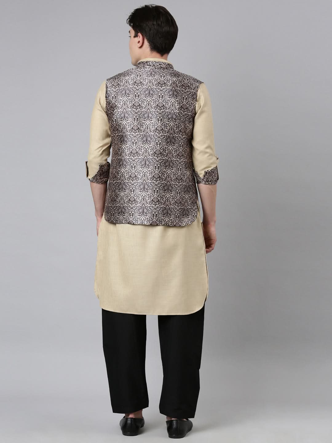 Sepia Tone Printed Jacket With Pathani Set