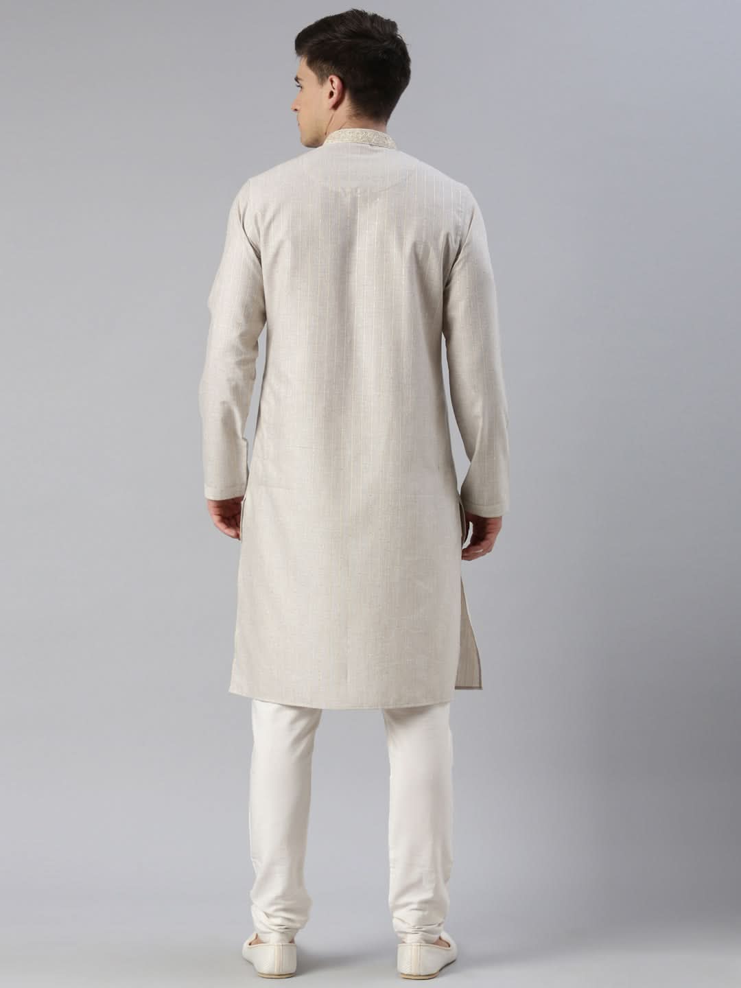 Beige Yellow Linen Embroidered Kurta