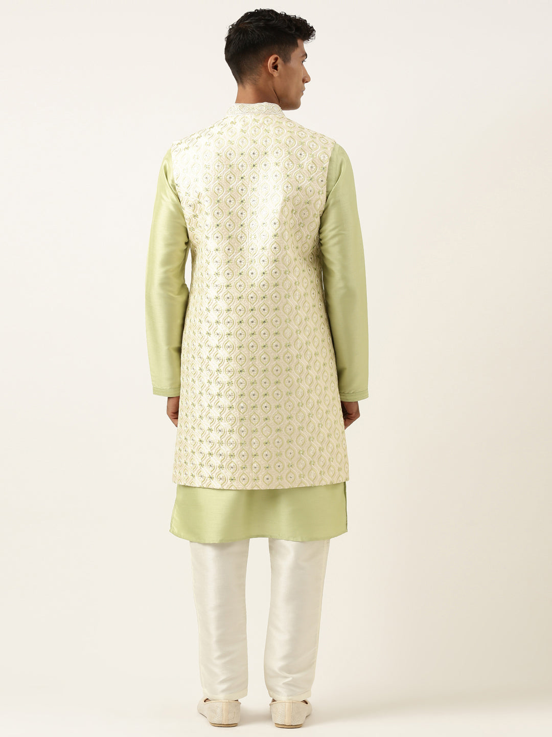 Cream Green Embroiderd Layered Long Jacket Kurta Set