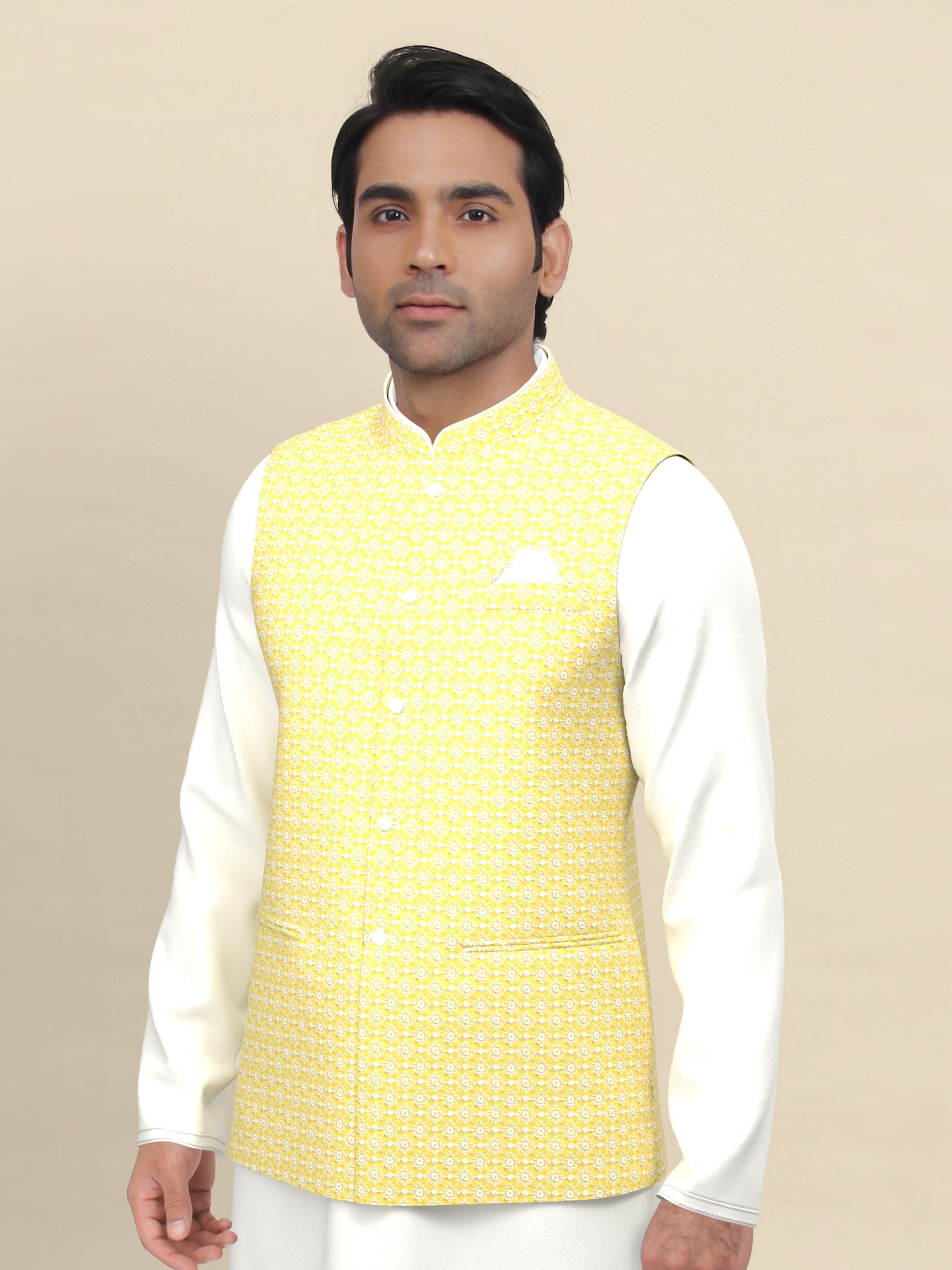 Yellow Chikankari Jacket Kurta Set
