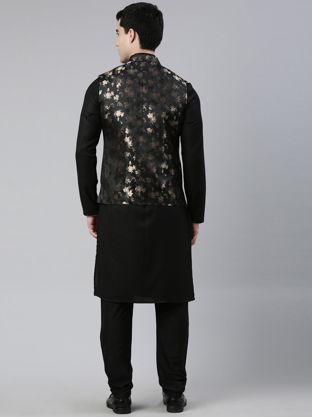 Black Gold Jacquard Print With Black Kurta