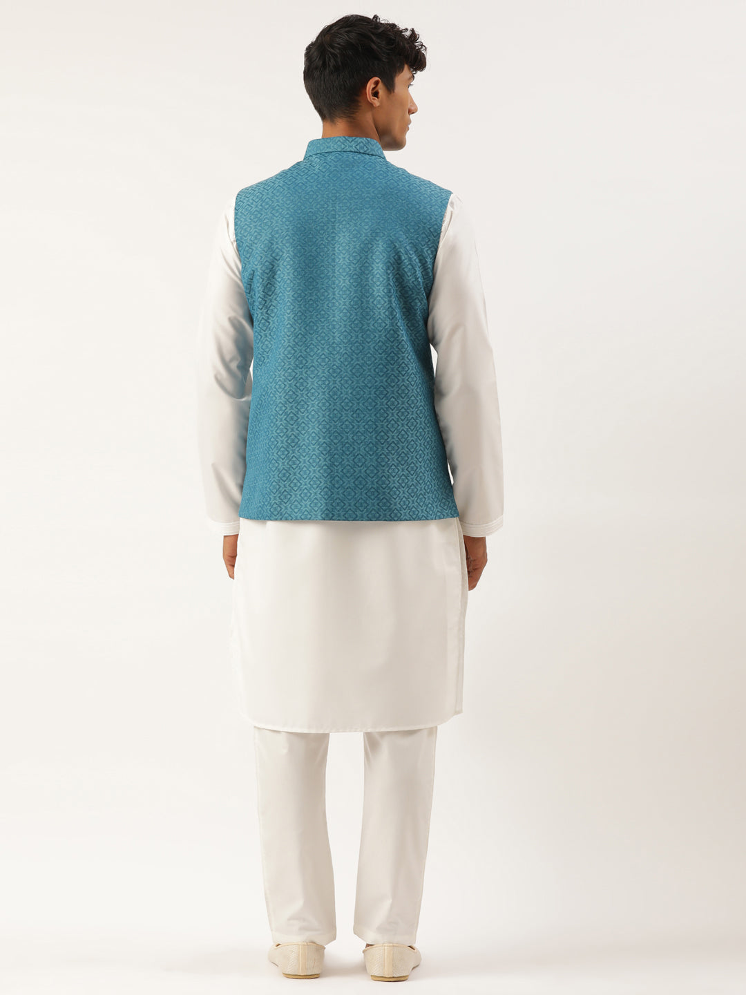 Teal Blue Cotton Jacket With White Kurta