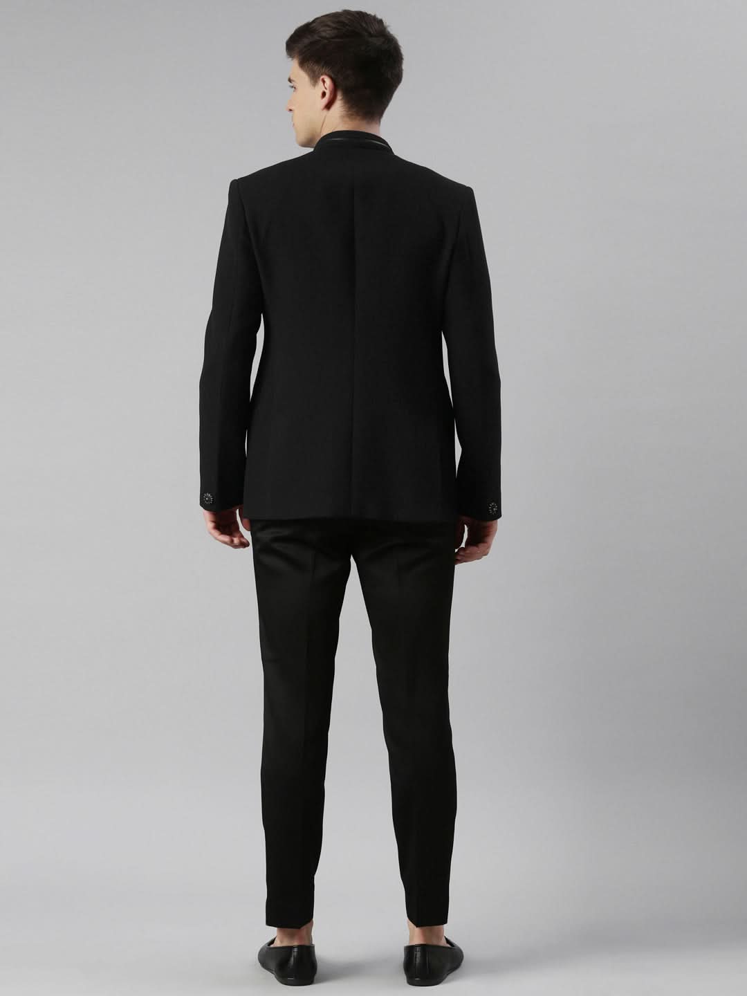 Black textured Bandhgala Set with leather detailing