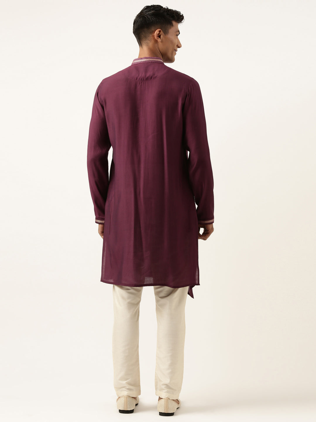 Wine Asymetric Embroidered Kurta Set