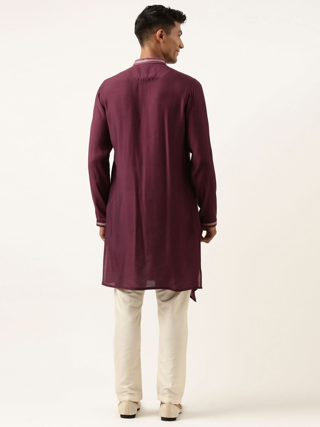 Wine Asymetric Embroidered Kurta Set