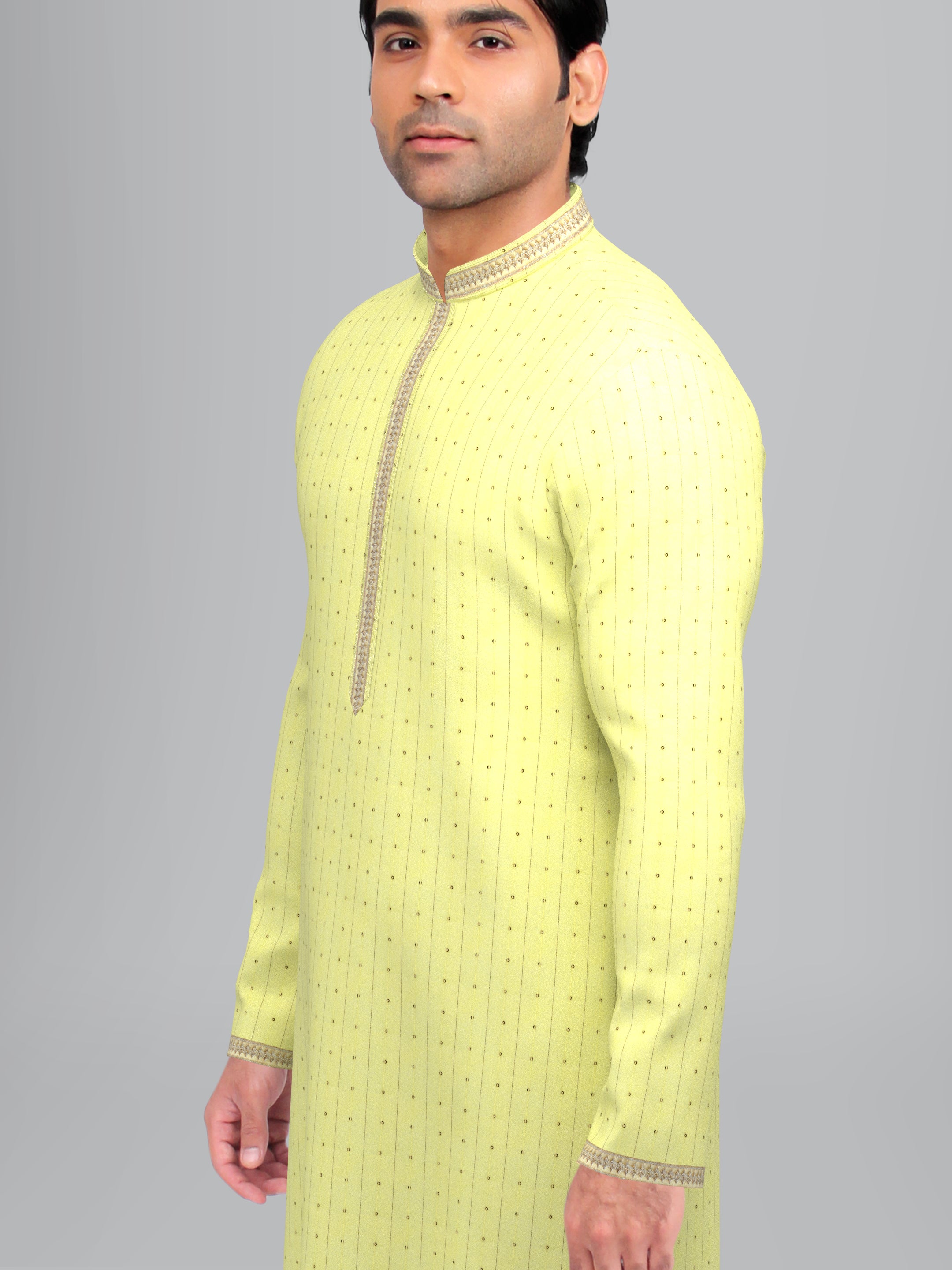 Lemon Yellow- Gold Zari Sequence Kurta Set