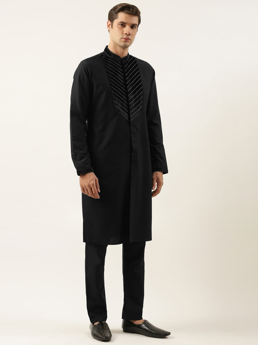 Black Cotton With Velvet Detailing Kurta Set