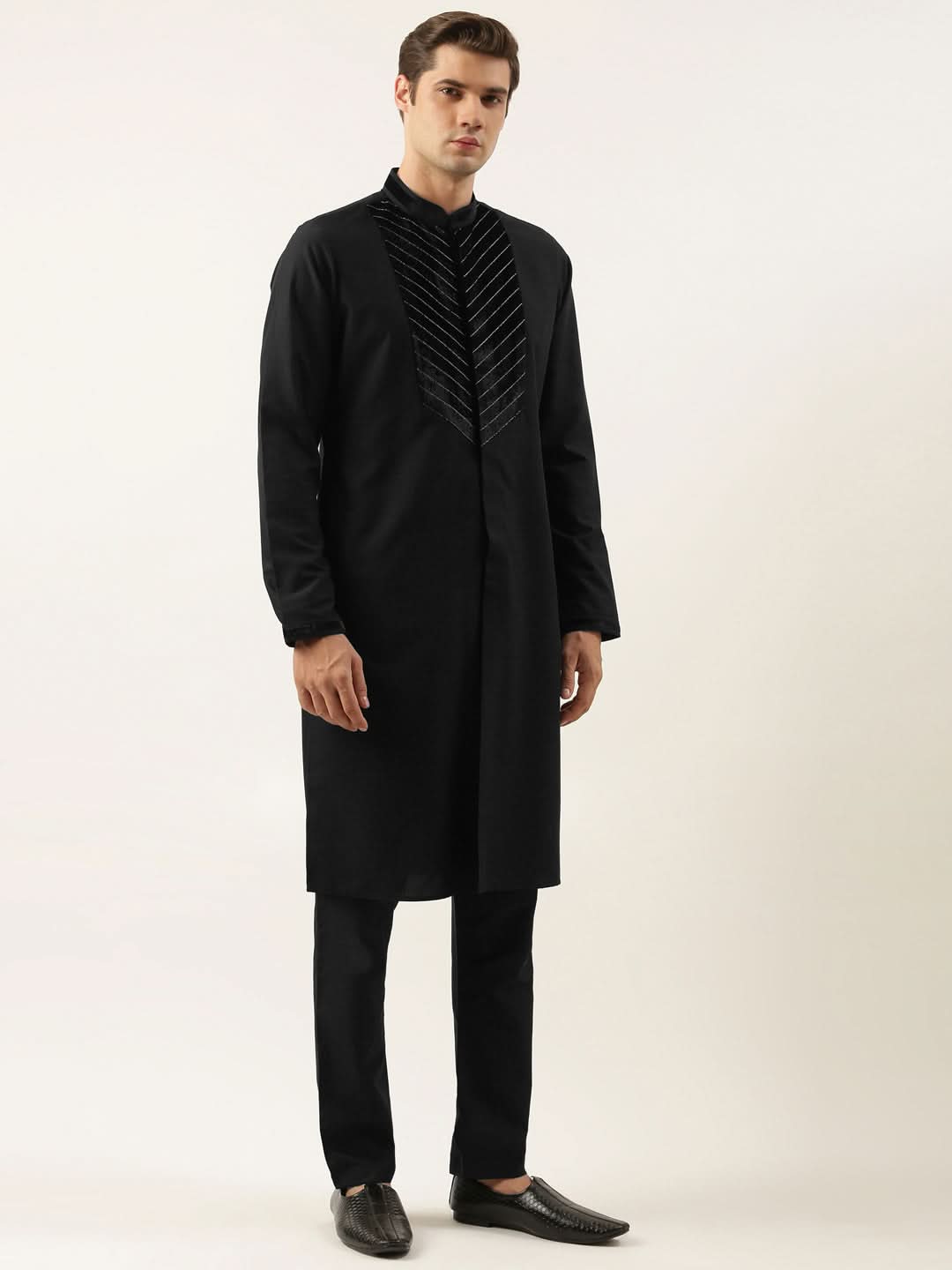 Black Cotton With Velvet Detailing Kurta Set