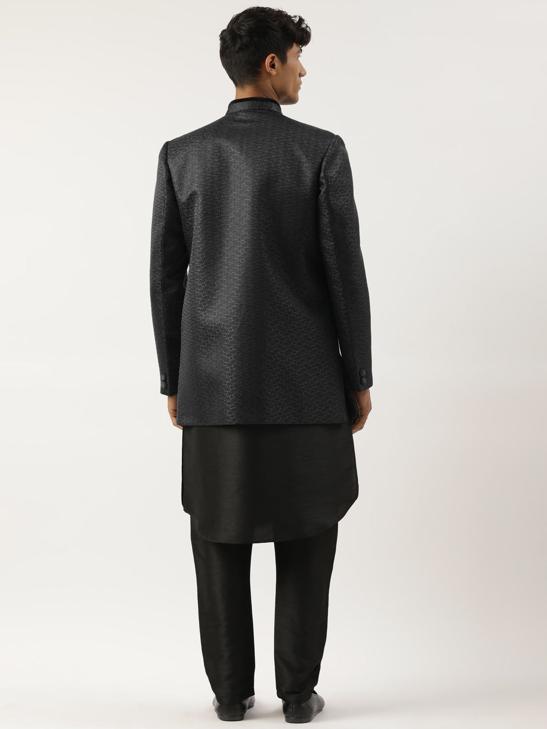 Black Jacquard open Indowestern Set