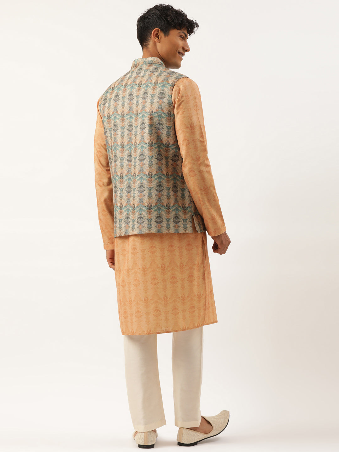 Beige Pleated Bundi With Kurta Set
