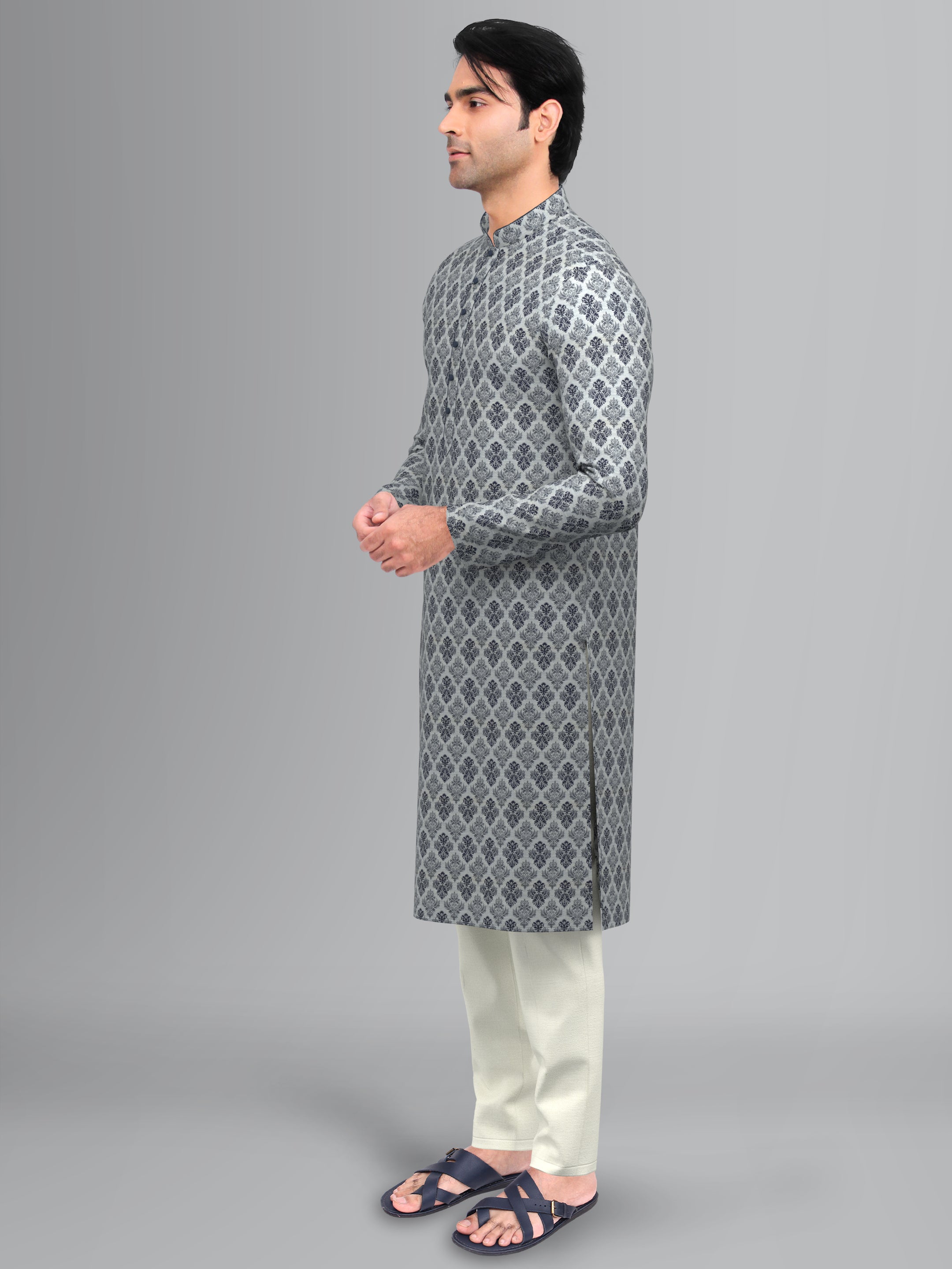 Ivory with Navy Blue Chanderi Silk Kurta Set