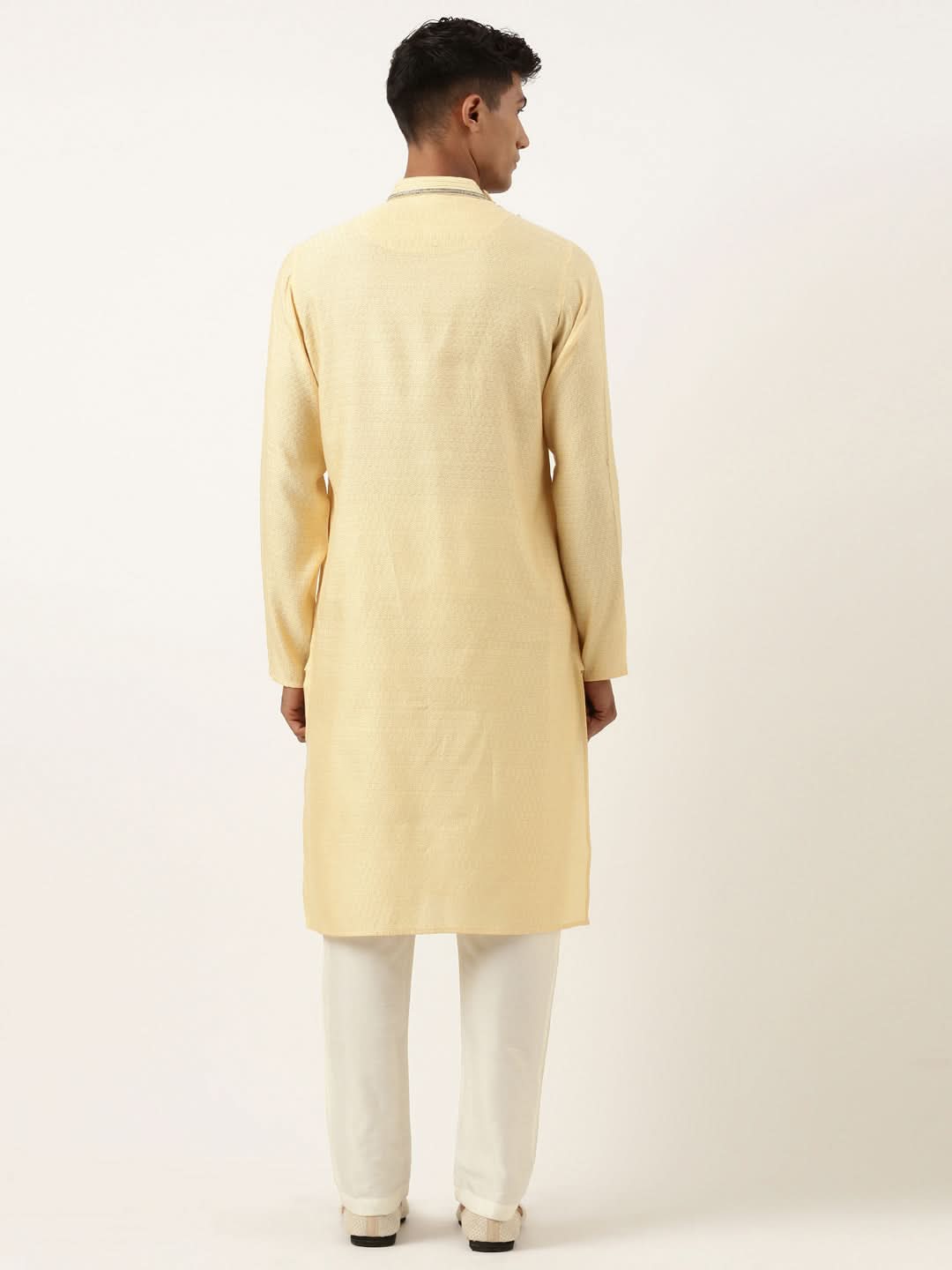 JACQUARD ANGRAKHA STYLE YELLOW KURTA WITH SIDE PLACKET