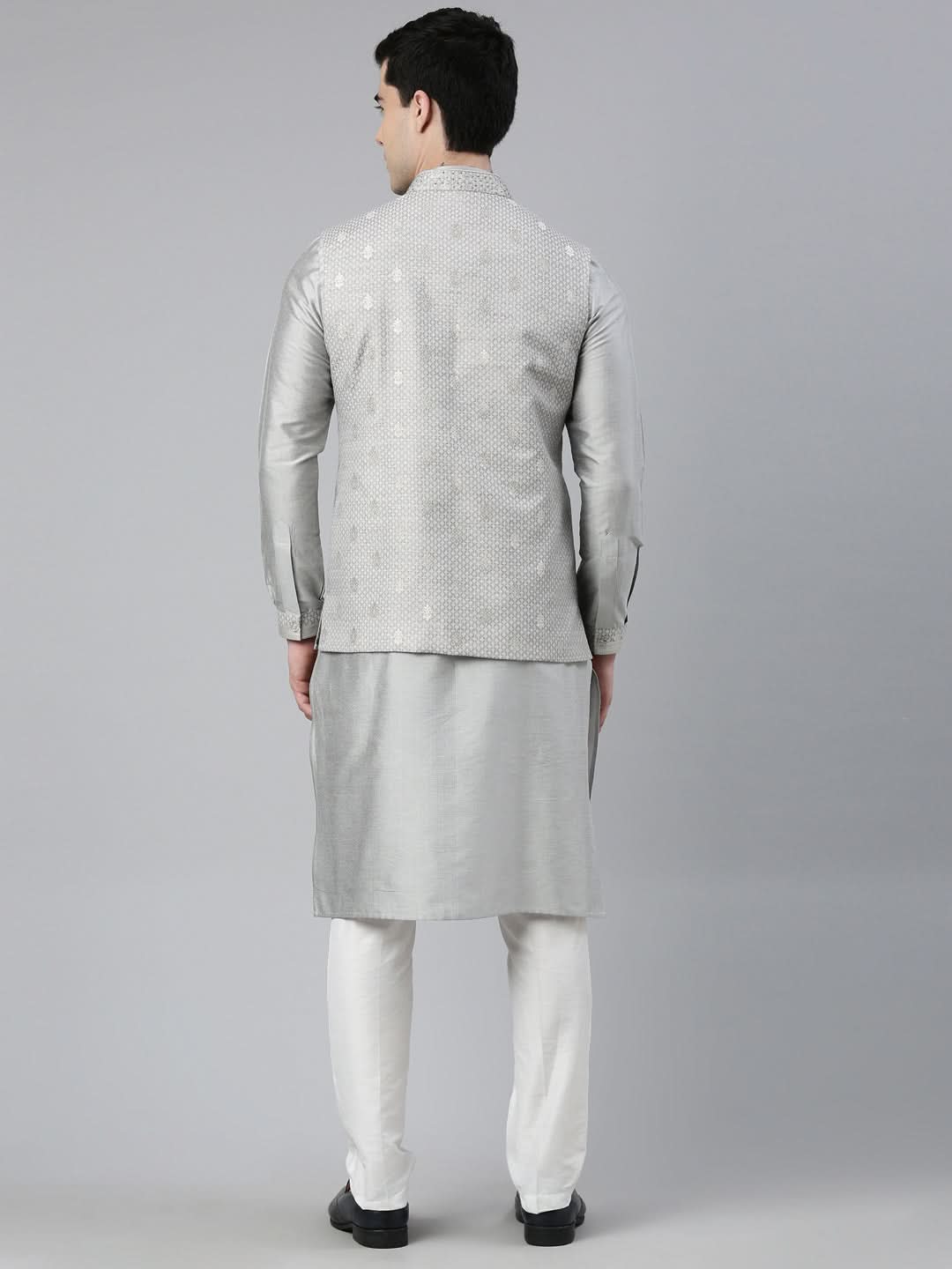 Grey Chanderi Booti Jacket with Kurta Set