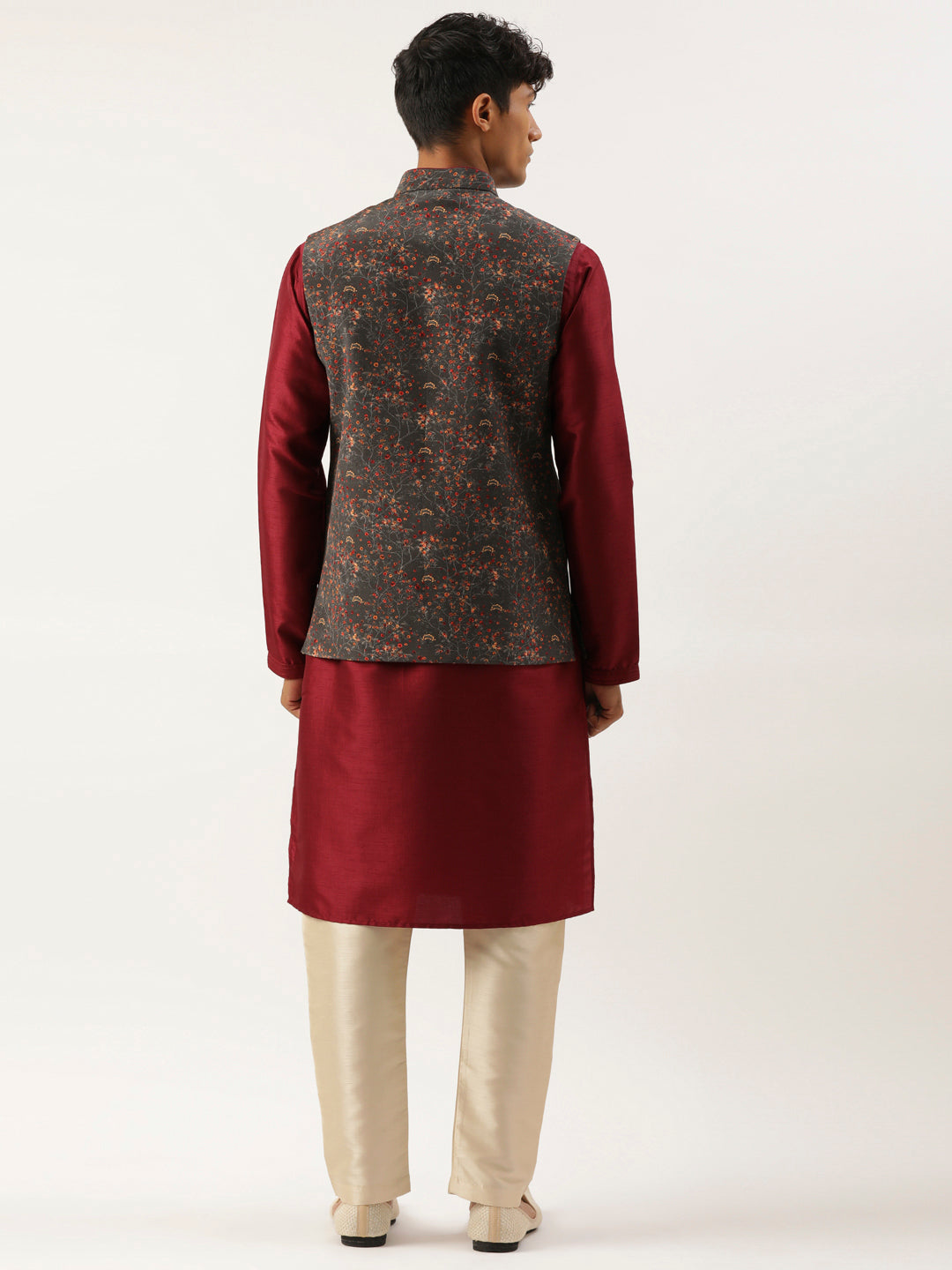 Charcoal Grey Printed Jacket With Maroon Kurta Set