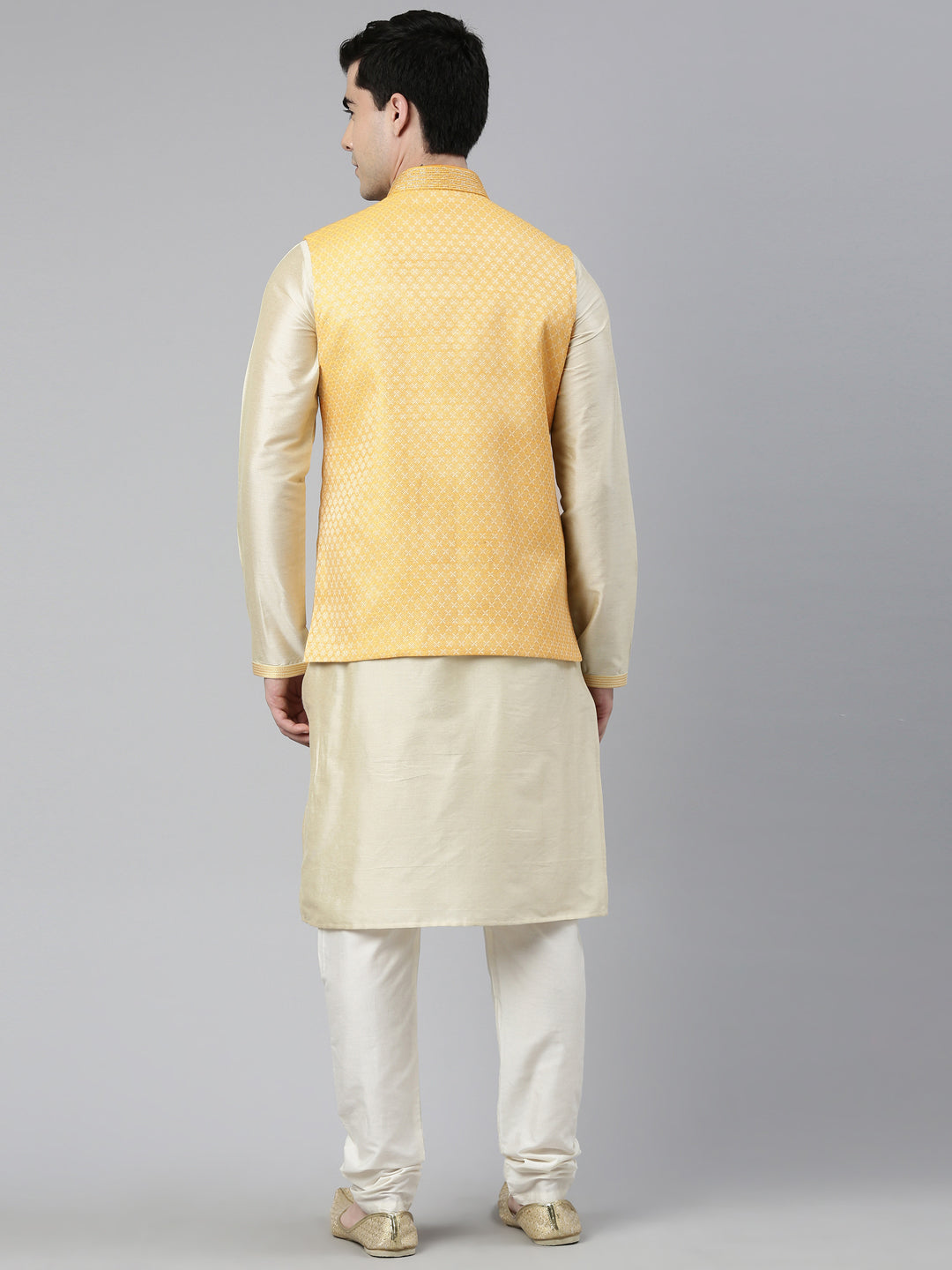 Mustard Geometric Jacquard Jacket With Kurta Set