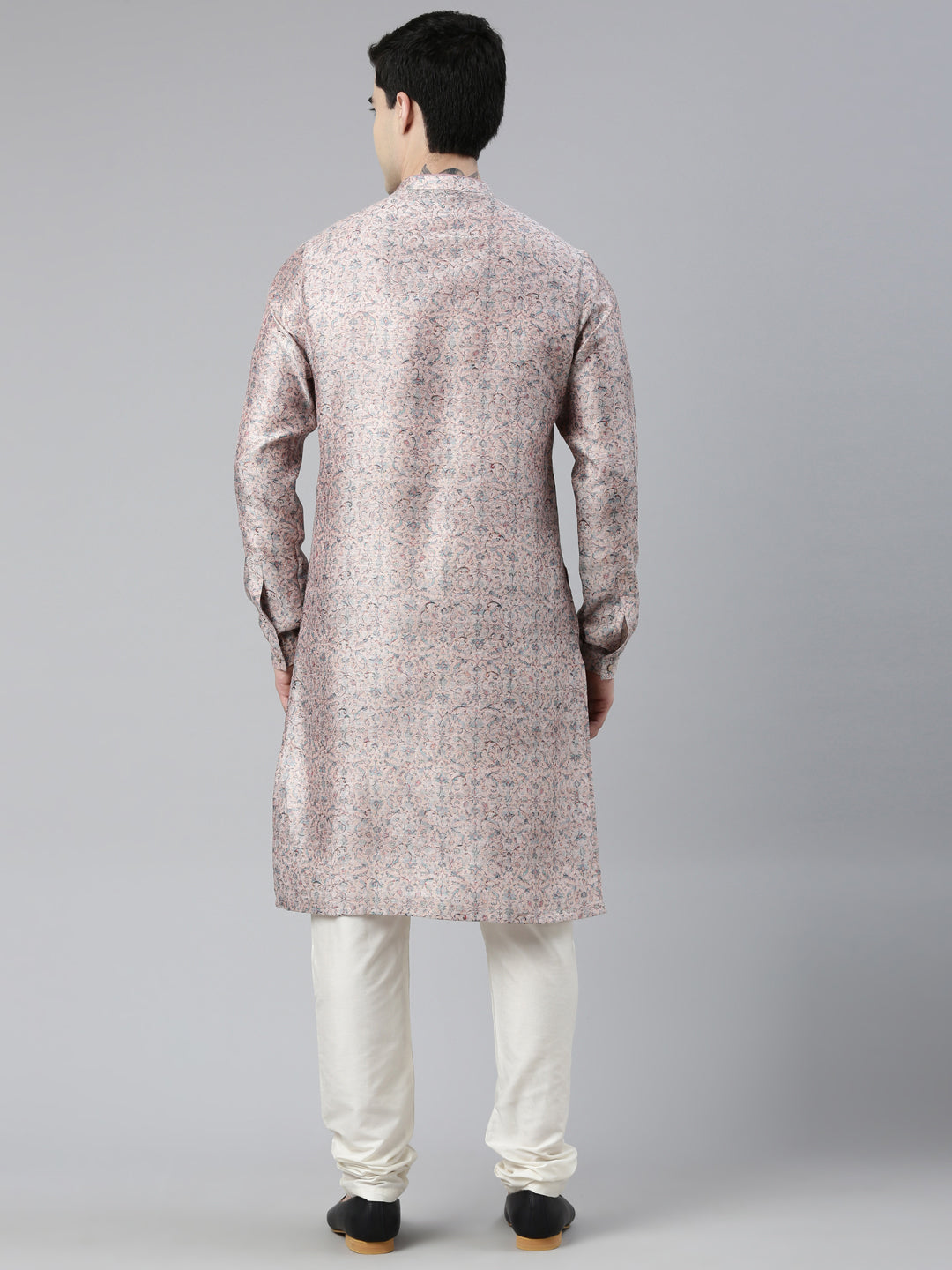 Pink Floral Block Printed Angrakha Chanderi Silk Kurta Set