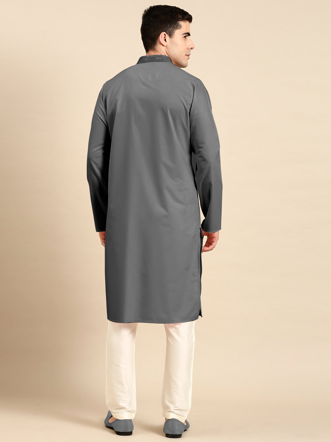 Grey Cotton Dori Embroidered Kurta Set