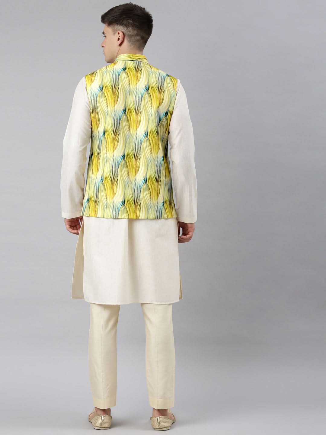 Yellow Linen Printed Jacket with Kurta Set