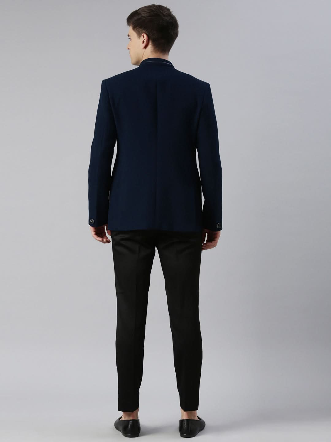 Teal Blue textured Bandhgala with leather detailing