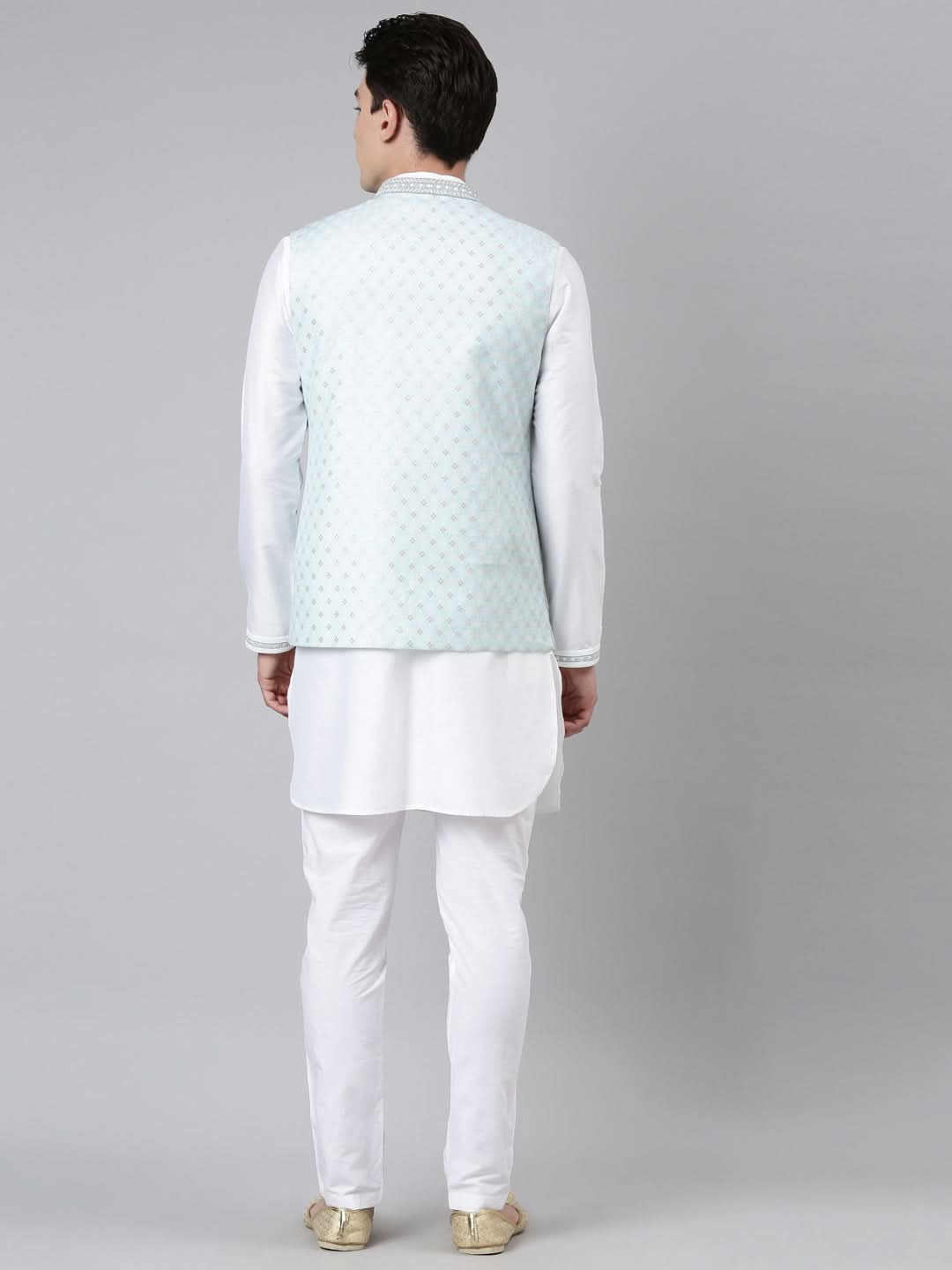 Aqua Blue Chanderi Jacket with White Short Kurta