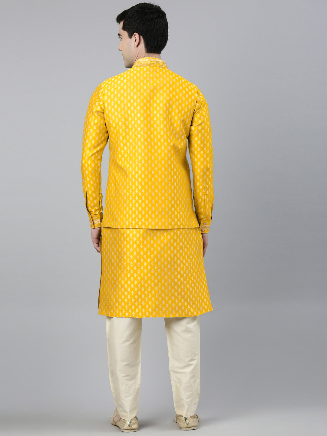 Yellow Banarasi Jacquard Jacket And Kurta Set