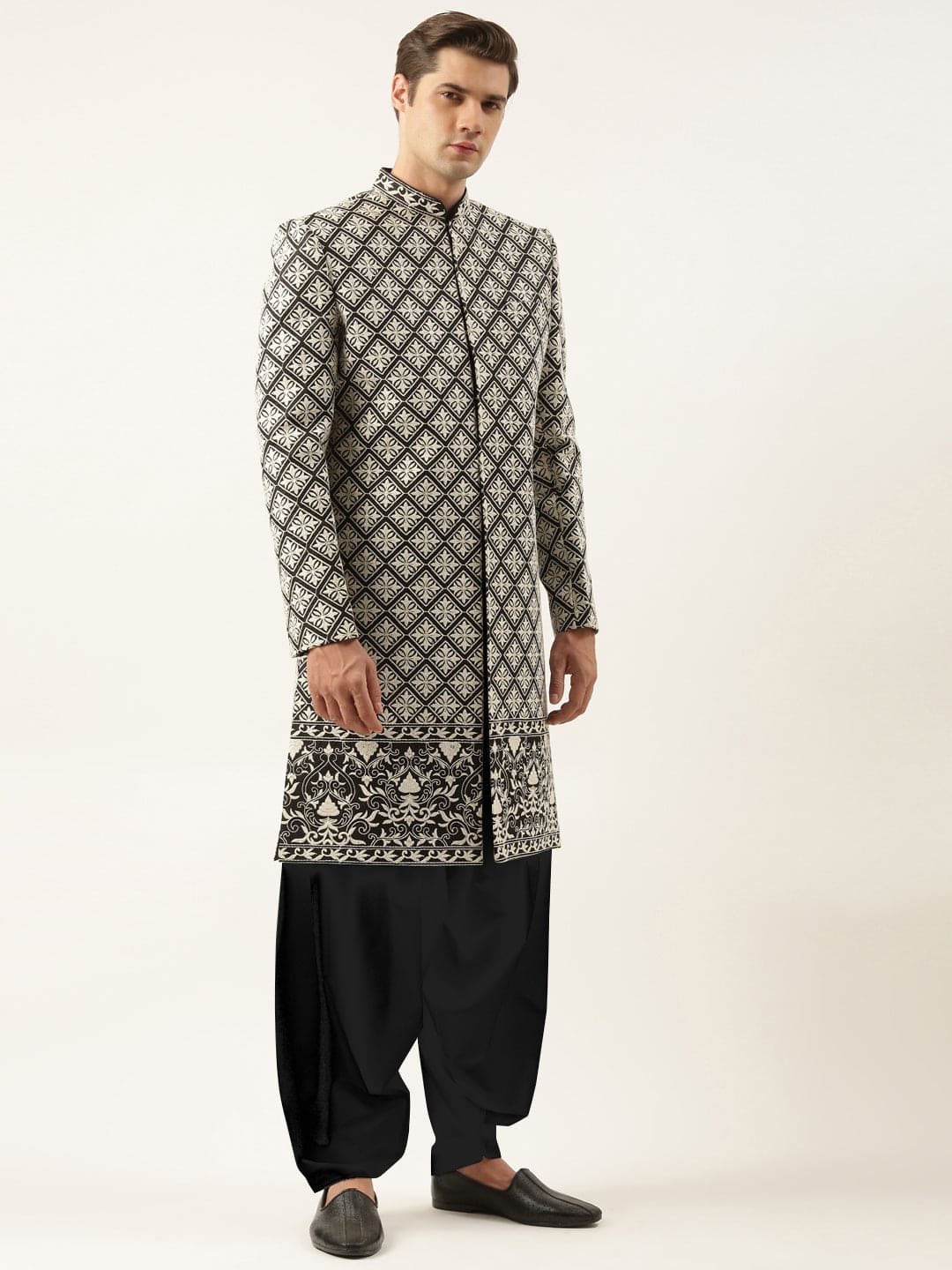 Black Silk Embroidered Indowestern Set
