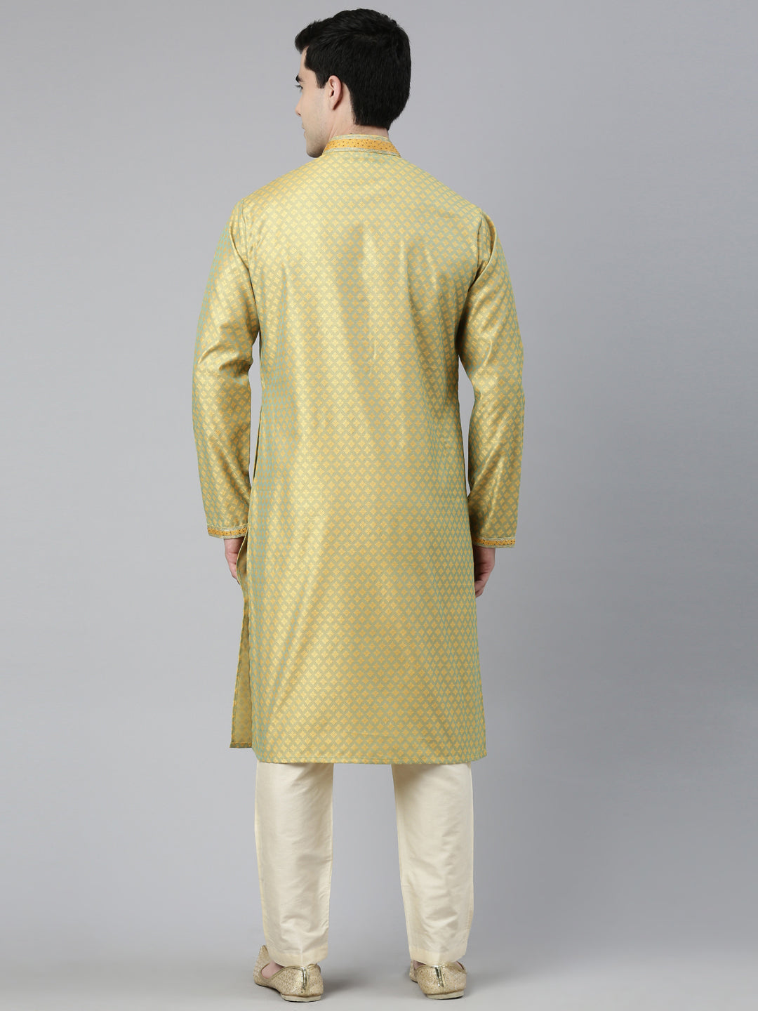 Greenish Yellow Silk Jacquard Kurta Set