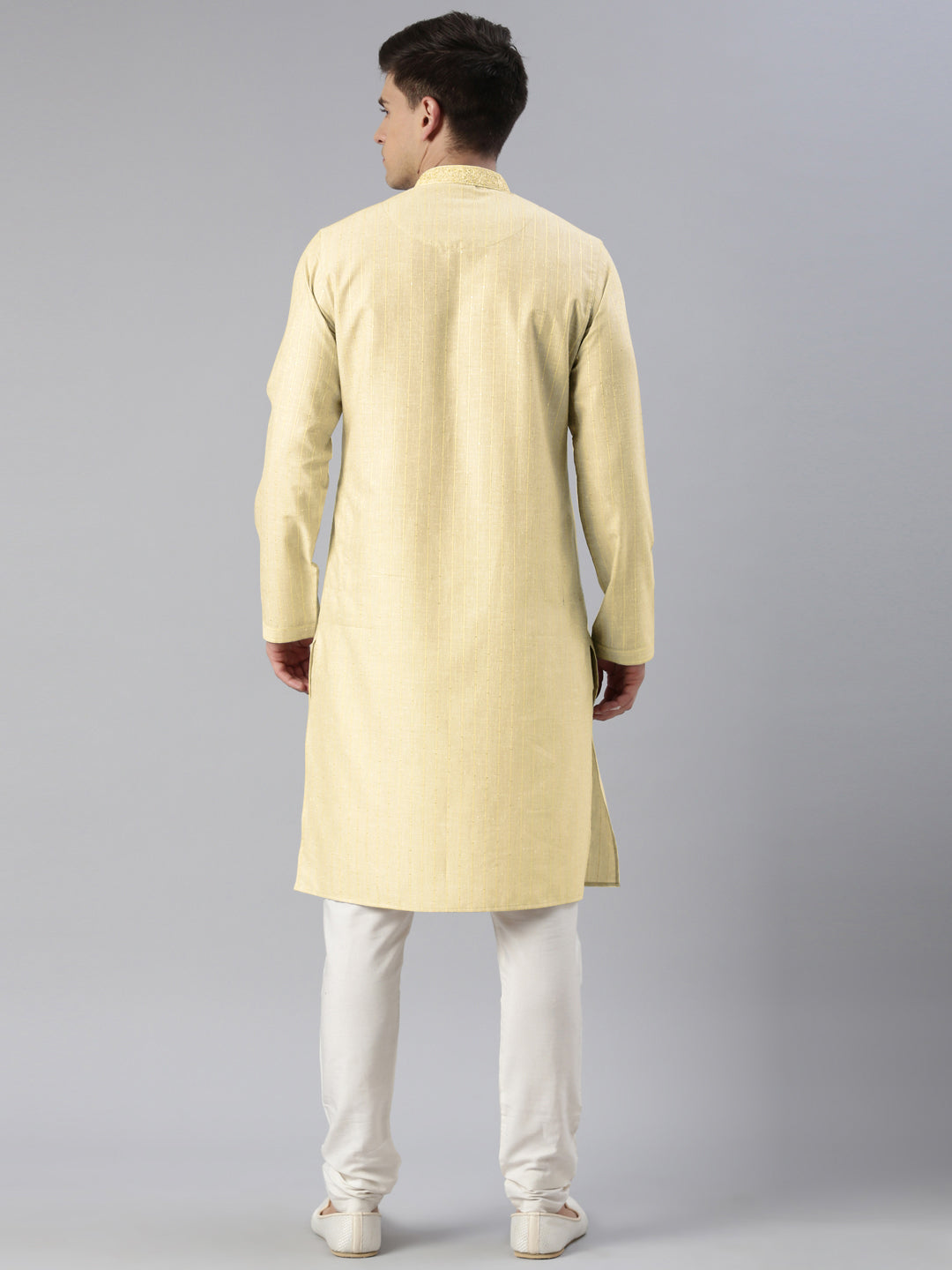 Cream Yellow Linen Embroidered Kurta