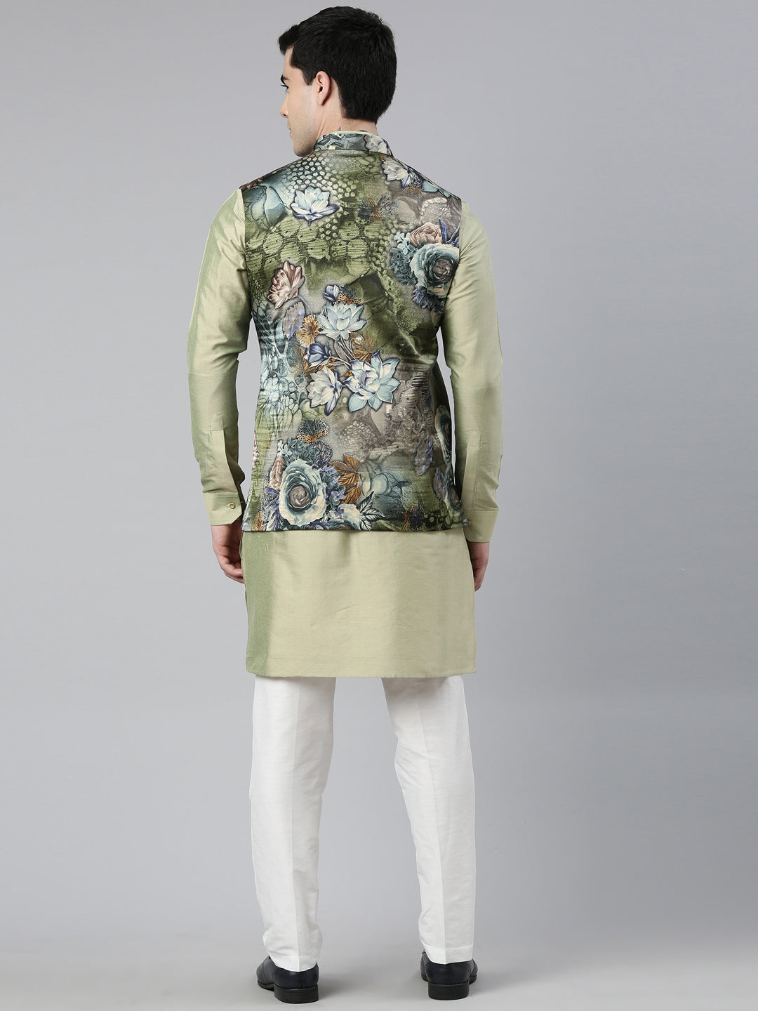 Floral Print Jacket With Green Short Kurta