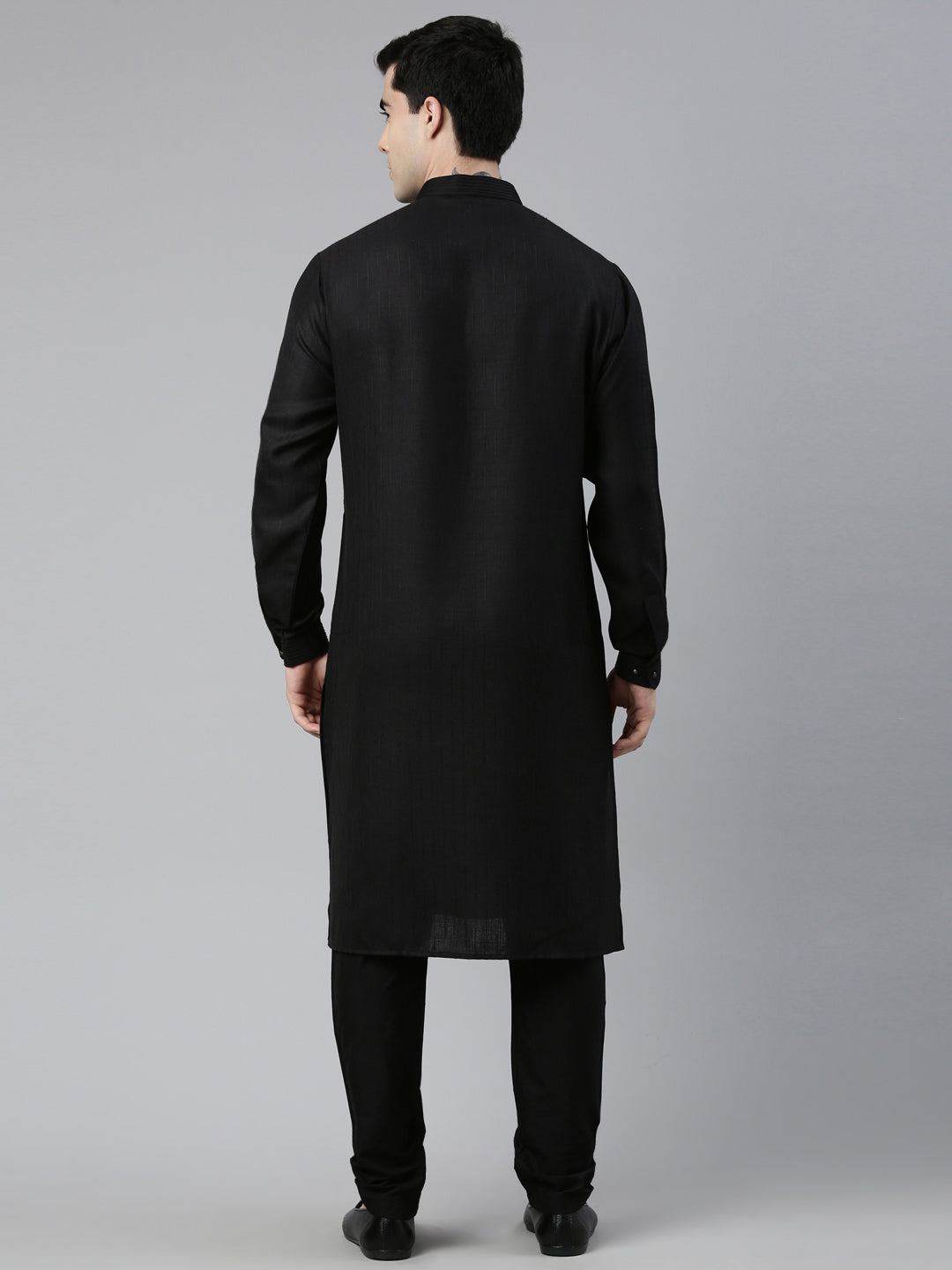 Black Cotton Pathani Kurta Set with Patch pocket