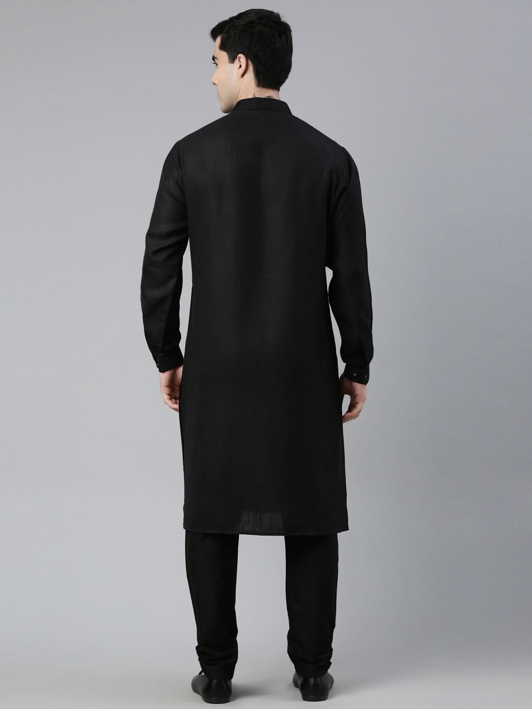 Black Cotton Pathani Kurta Set with Patch pocket