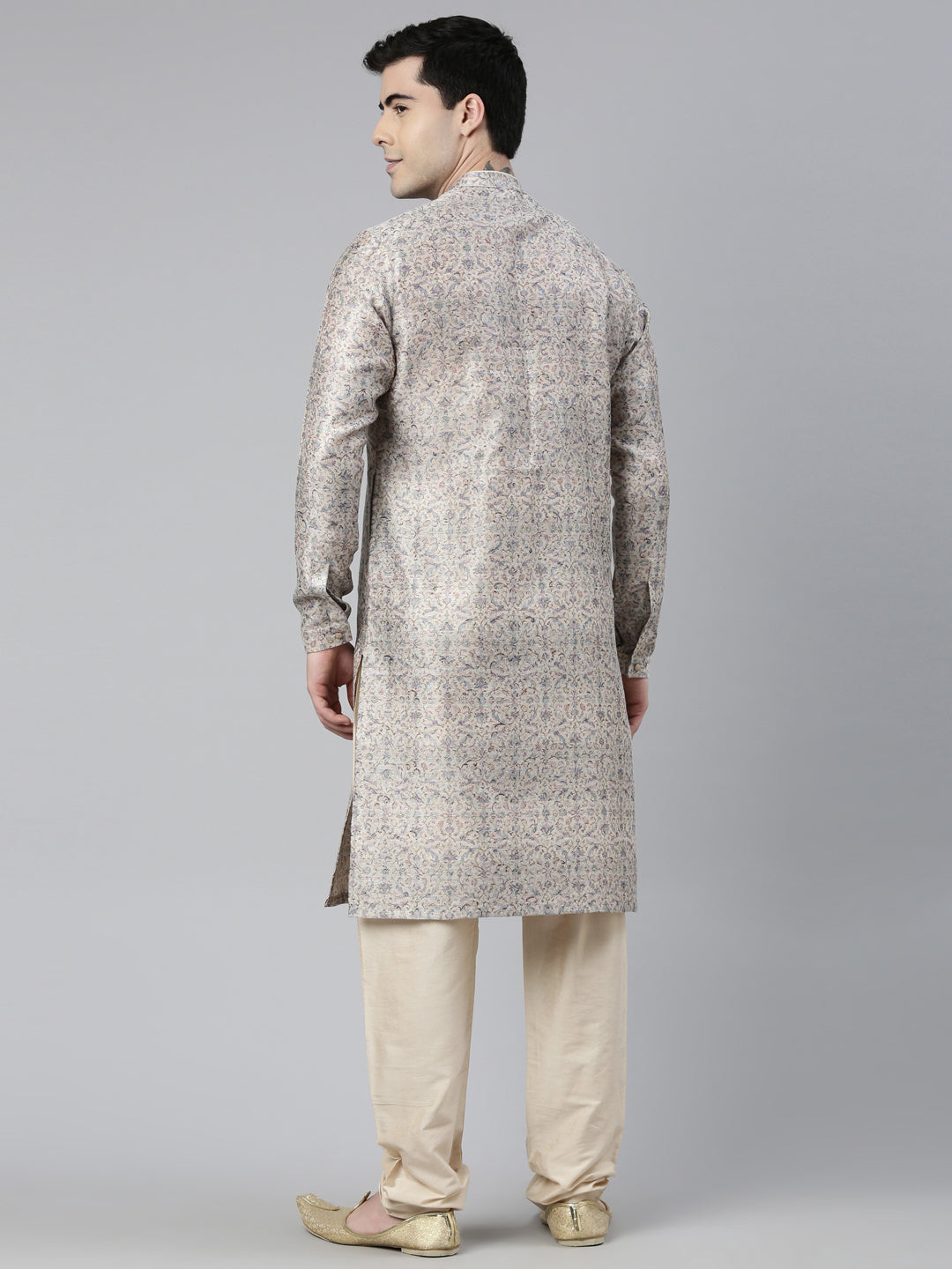 Cream Floral Block Printed Angrakha Full Open Chanderi Silk kurta set