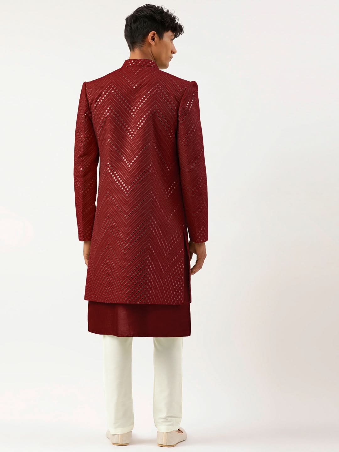 Maroon Mirror Embroidered Indowestern With Kutra