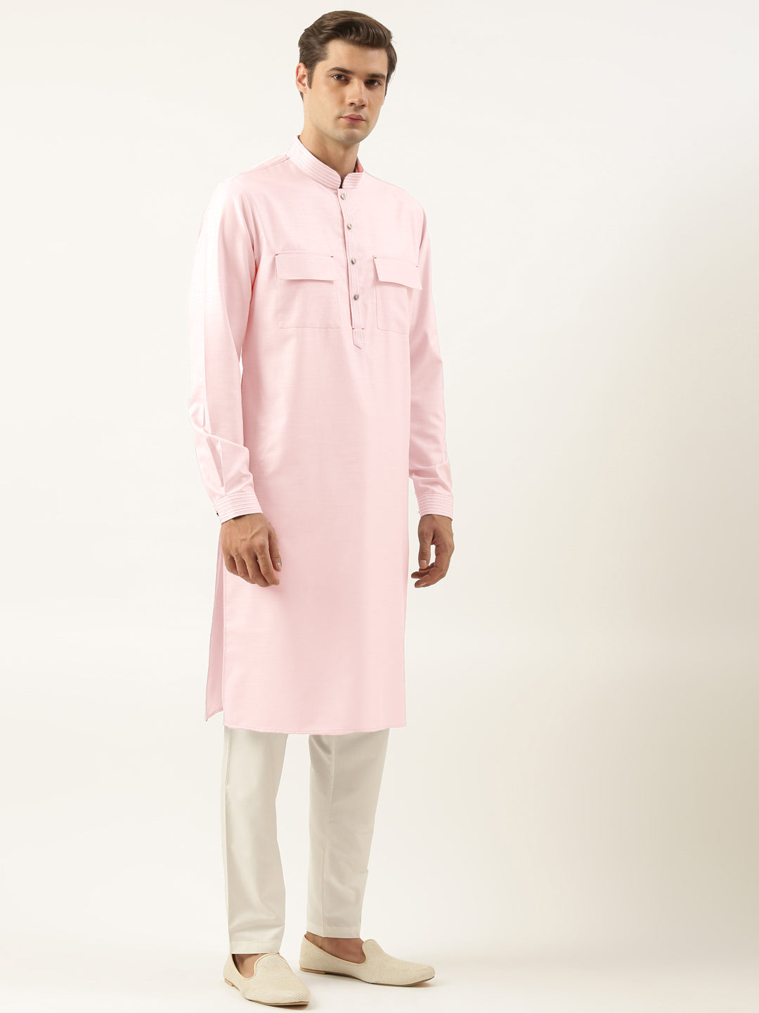 Baby Pink Pure Cotton Pathani Kurta Set with Patch pocket