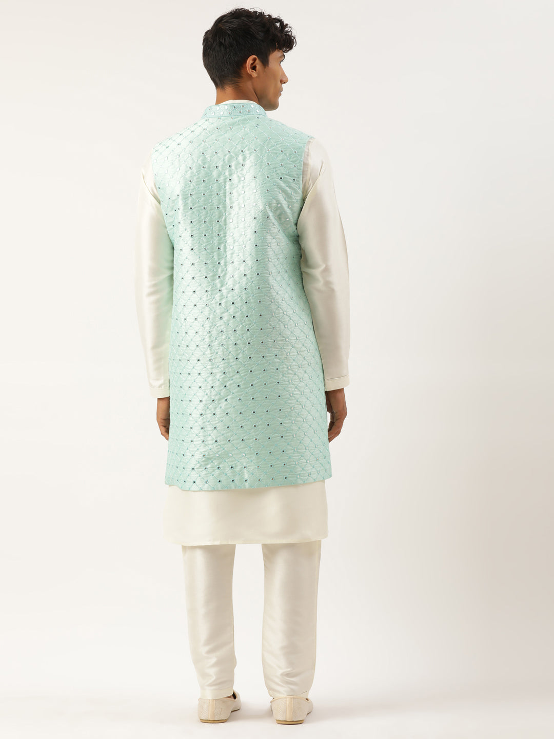 Turquise Mirror Embroidery open Jacket Kurta Set