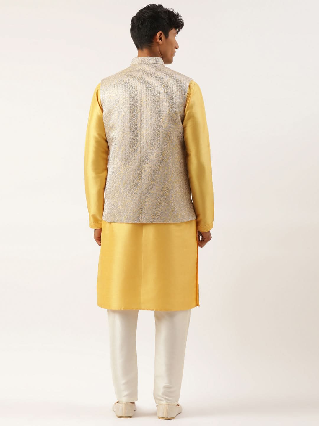 Grey Geometric Premium Textured Jacket With Mustard Kurta