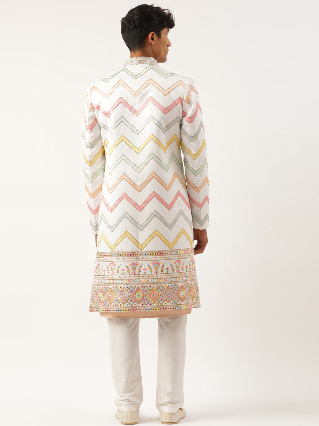 White Embroidered Open Indowestern Set