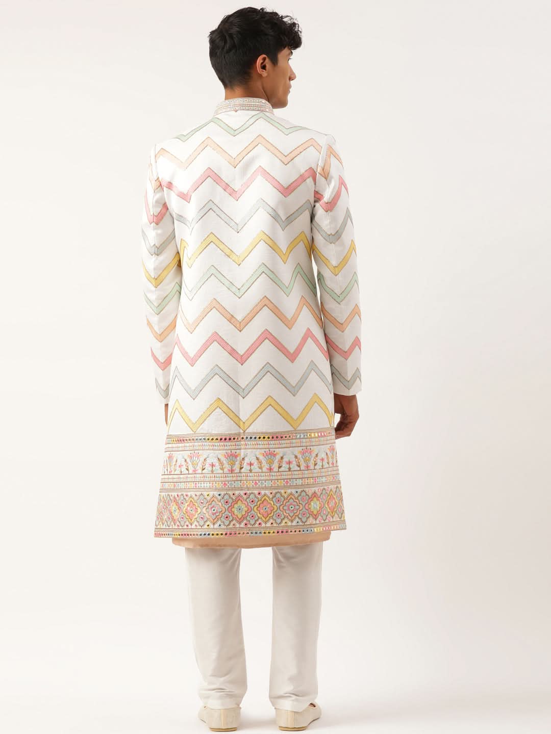 White Embroidered Open Indowestern Set